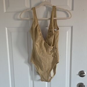 Rare Vintage 1950s Gold Shimmer One-Piece Swimsuit with Side Tie Xsm
